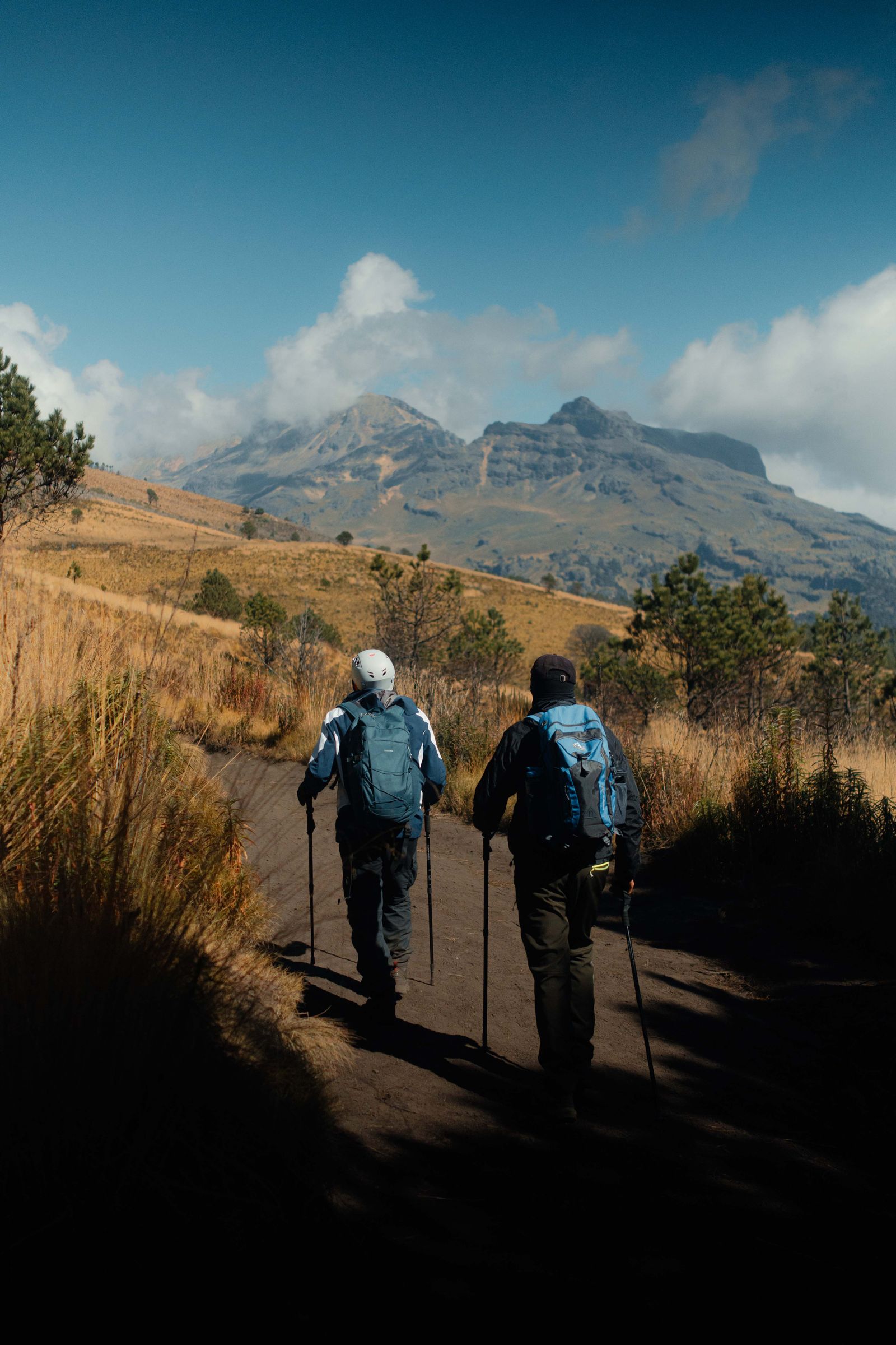 Hikers on an open mountain trail