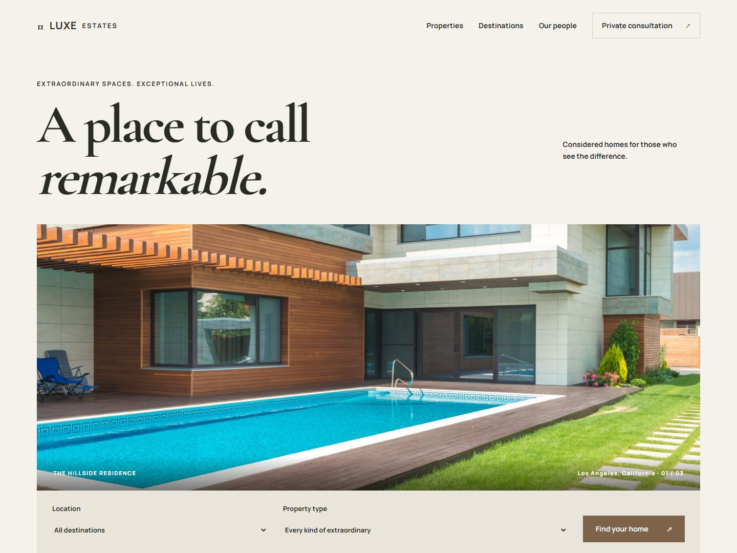 LUXE ESTATES website preview showing its navigation, hero and visual identity