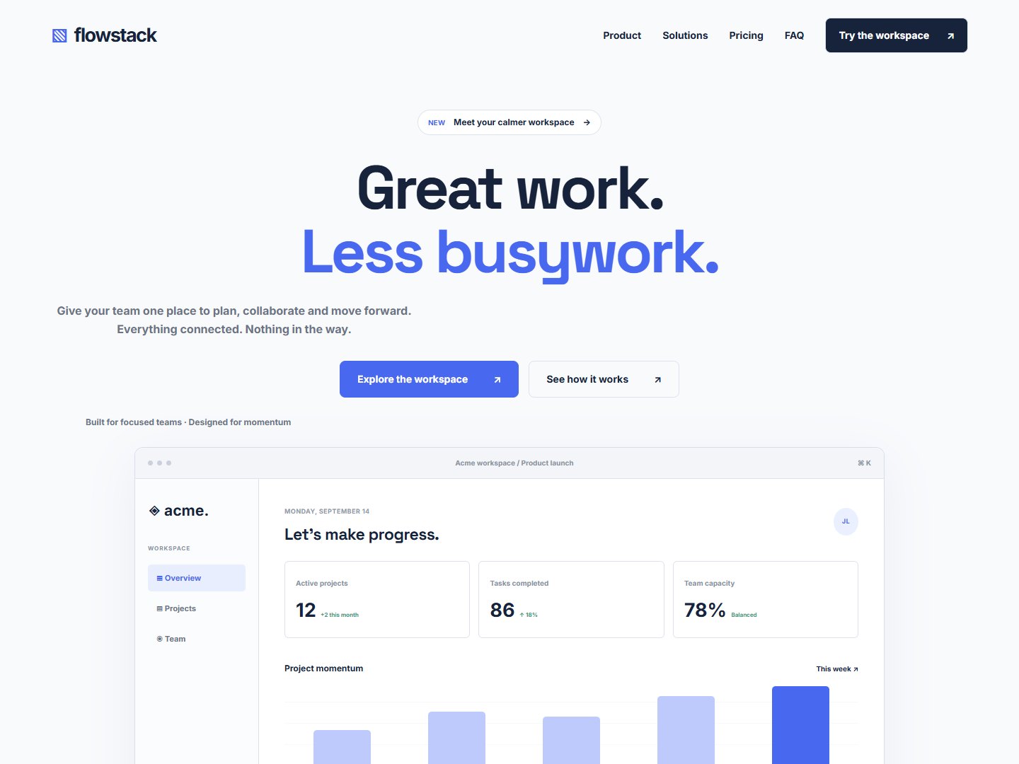 flowstack website preview showing its navigation, hero and visual identity