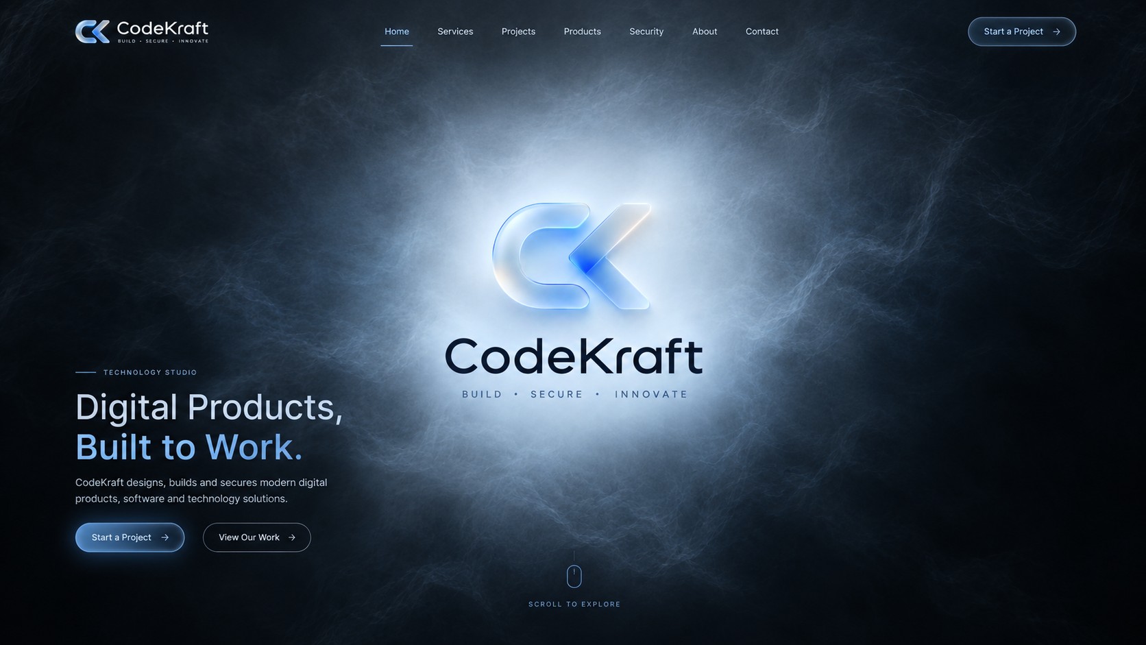 CODEKRAFT STUDIO website preview showing its navigation, hero and visual identity